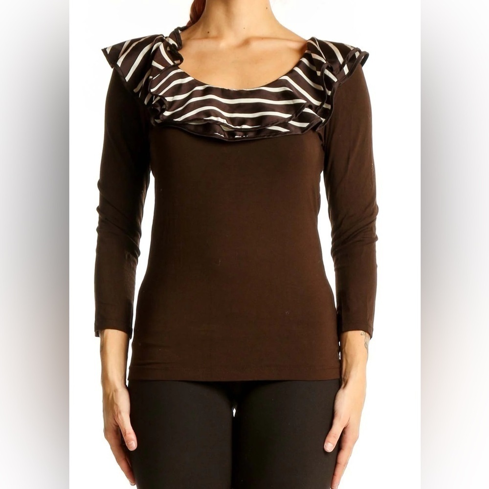 Lauren Ralph Lauren Brown Ruffle Striped Neckline Quarter Sleeve Blouse Size MP